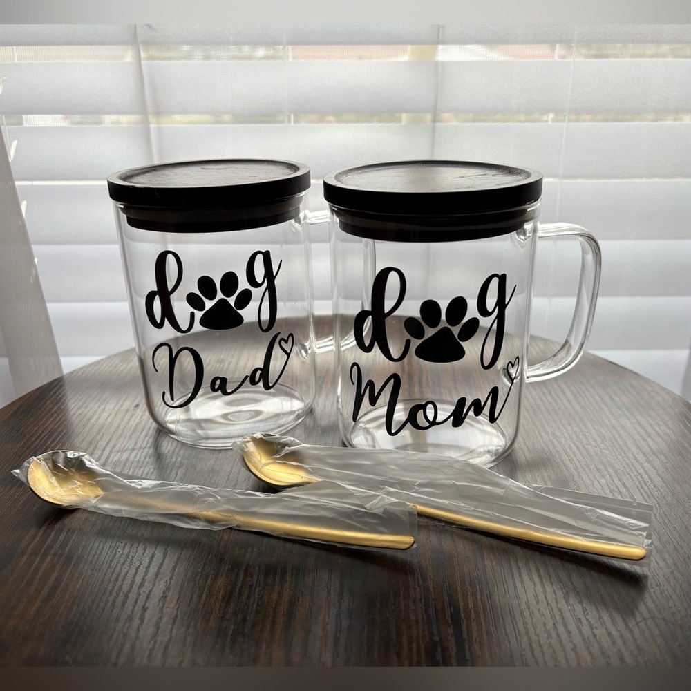 Dog Mom and Dad Glass Mugs with Spoons and Lids